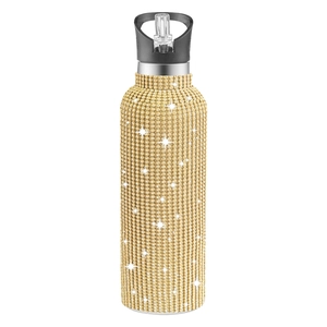 Sparkling gold rhinestone 32oz stainless steel insulated water bottle with straw lid