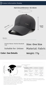 Detailed size chart for breathable mesh sports cap with adjustable 56-60cm circumference