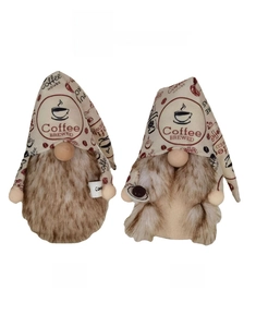 Detail view of coffee-themed Christmas gnomes with printed hats and mini coffee accessories
