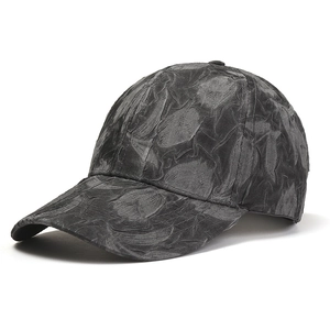 Distressed charcoal leather baseball cap with vintage leaf texture and 6-panel design