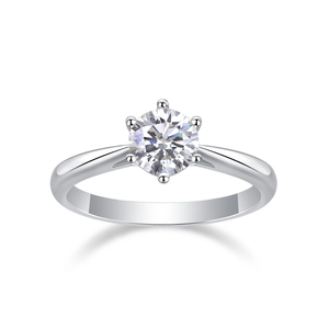 Macro view of six-prong classic silver engagement ring with round cut lab-grown diamond