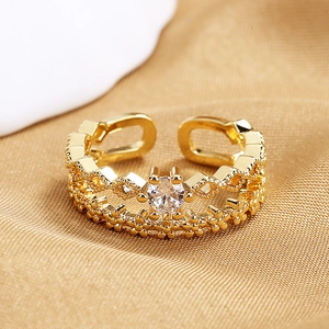 Gold double-layer crown ring with rhombic hollow patterns and sparkling zircon stones