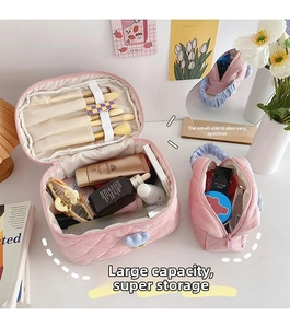 Pink quilted corduroy makeup bag set with brushes holder and ample interior storage