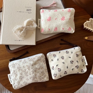 Mini Coin Purse Floral Cotton Fabric Small Zippered Pouch Cosmetic Storage Bag For Earphone Lipstick Daily Use