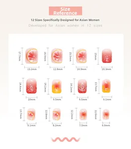 Size chart showing 12 sizes of short press-on nails for Asian women's manicures