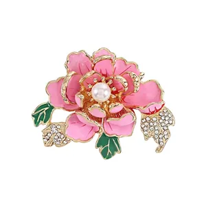 Elegant pink peony flower brooch with white pearl and rhinestones in gold setting