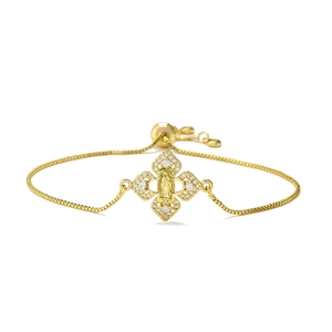 Adjustable 18K gold-plated box chain bracelet with cubic zirconia and Virgin Mary charm