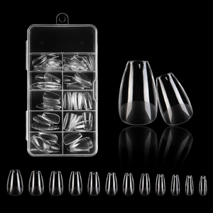Detailed view of clear coffin-shaped false nail tips in a 10-compartment storage box
