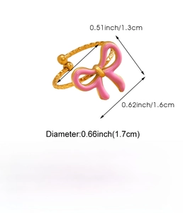 Detail showing dimensions of the 18K gold-plated pink bow ring with measurement text