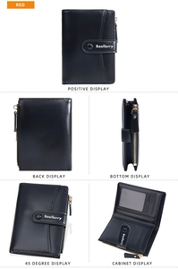 Detail view of black compact wallet with multi-card slots and zipper coin pocket