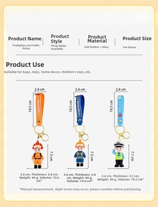 Detailed size chart for firefighter and police officer keychains with PVC soft rubber