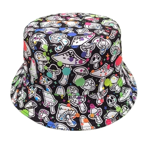 Reversible bucket hat with colorful mushroom graffiti print on a black cotton base