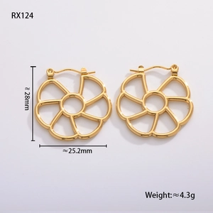 Detailed view of hollow leaf earrings in gold finish with 28mm by 25.2mm dimensions