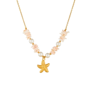 Gold stainless steel starfish pendant necklace with pink shells and pearls on white background