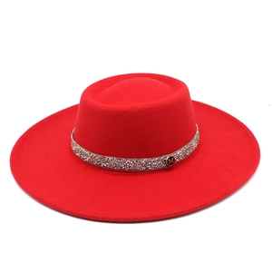 Classic red wool felt fedora hat with a 9.5cm wide brim and sparkling diamond M buckle
