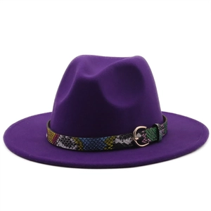 Detail of dark purple fedora hat featuring multi-color snakeskin band and gold metal buckle