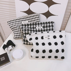 Trousse De Maquillage En Tweed Pour Femmes Noir Blanc À Carreaux À Pois Organisateur Sac À Main Portable Pochette Voyage