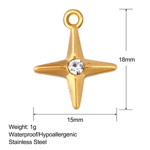 Detailed view of 18mm gold star pendant in stainless steel with white zircon stone