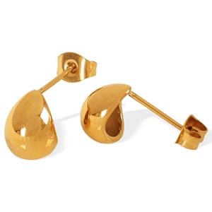 Minimalist gold teardrop stud earrings with a polished finish and sleek curved design