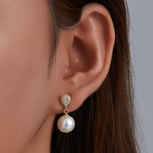 Elegant S925 sterling silver waterdrop pearl stud earrings with zircon micro-pave