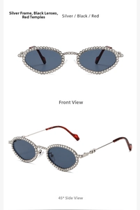 Detailed view of silver oval sunglasses featuring rhinestone frames and tortoiseshell temples