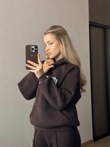Brown oversized heavy cotton hooded tracksuit featuring white text print for a minimalist look