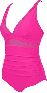 Detail of rose red one-piece swimsuit with mesh stitching and ruched tummy control