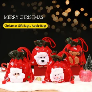 Christmas drawstring gift bags set with 3D Santa and reindeer on festive red velvet