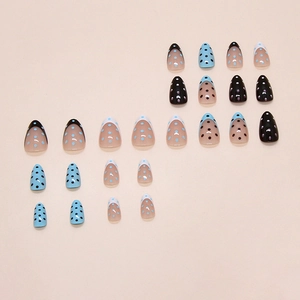 Blue and black polka dot press on nails in almond shape with French design 24pcs set