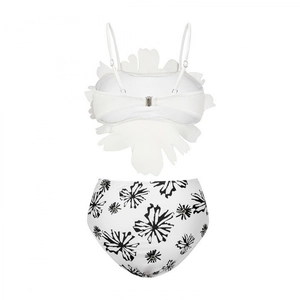 Three-piece bikini set with 3D flower top, floral high-waist bottoms and matching skirt