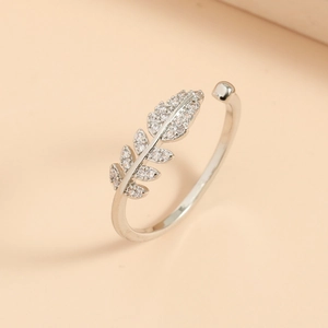 Sparkling zircon leaf open ring in silver finish with adjustable band for women