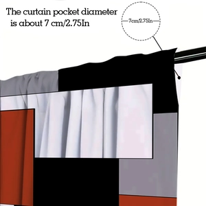 Detail of curtain rod pocket with 7cm diameter on geometric polyester fabric