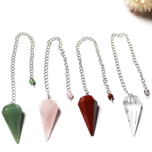 Set of four hexagonal crystal pendulum pendants in aventurine, rose quartz, and jasper