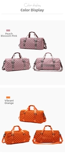 Large capacity checkerboard travel duffle bags shown in peach pink and vibrant orange