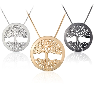 Tree Of Life Round Hollow Pendant Necklace Copper Zircon Vida Engraving Fashion Jewelry For Women