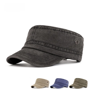 Faded washed cotton flat top military cap for men with side ventilation holes and metal eyelets