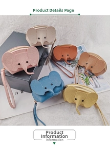 Detailed view of leather elephant coin purses in six colors with zippers and wrist straps