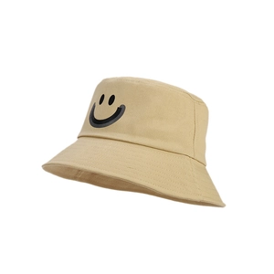Beige cotton bucket hat with smiley print for outdoor sun protection and casual wear