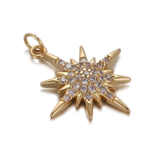 Close-up of golden sunburst pendant with sparkling zircon crystals and jump ring
