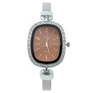 Fashionable Tadi women's quartz watch with crystal bezel and brown oval dial on silver band