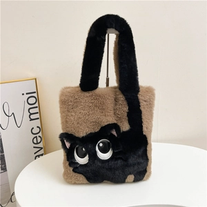 Close-up of fluffy faux fur texture and cute black cat design on brown tote bag