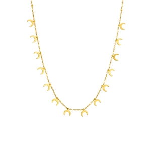 Minimalist gold stainless steel necklace with multiple crescent moon charms on white background