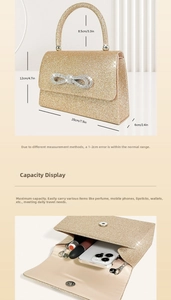 Detail of gold glitter evening bag with rhinestone bow, showing size 20x12x6cm and capacity