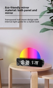 Close-up of a digital alarm clock with a colorful semi-circle RGB LED ambient light ring