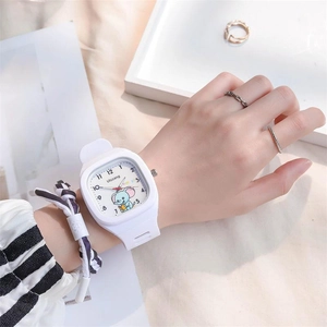 Close-up of white square silicone watch with cute cartoon elephant pattern on the dial