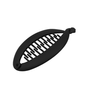 Matte black banana hair clip with non-slip teeth for high ponytail on white background