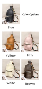 Collection of printed chest bags in five colors with wide LOVE pattern shoulder straps