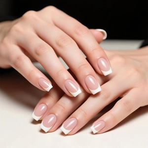 Classic French square press-on nails with nude pink base and white tips on elegant hands