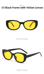 Front and side views of vintage cat-eye sunglasses with black frames and yellow lenses
