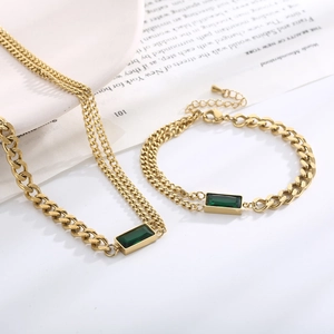 Vintage gold-plated titanium steel jewelry set with emerald square pendants and cuban chains